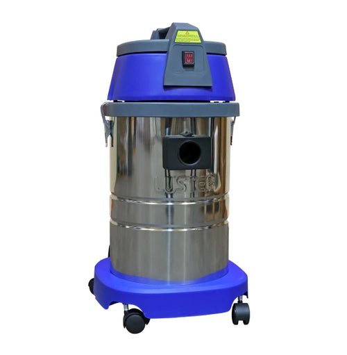 Aspiradora industrial compacta de polvo y agua Luster 501 de 30 litros en acero inoxidable.