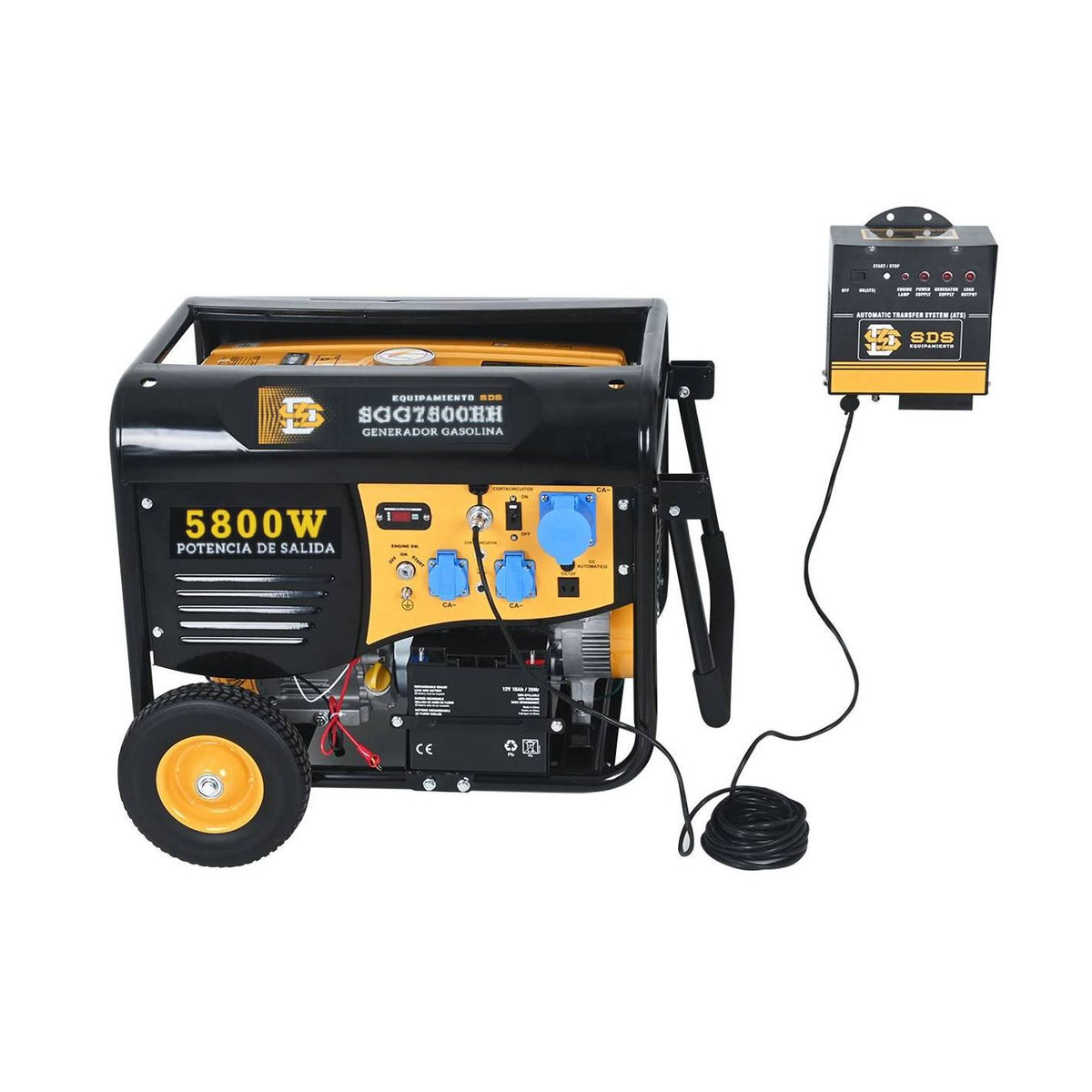 Generador bencinero SDS Power SGG7500EHT de 6.3 kW con tablero de transferencia ATS.