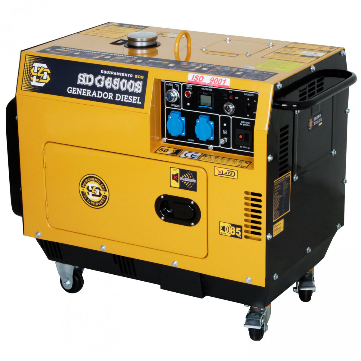 Generador diésel insonorizado SDS Power SDG6500S de 5 kW con gabinete cerrado y ruedas.