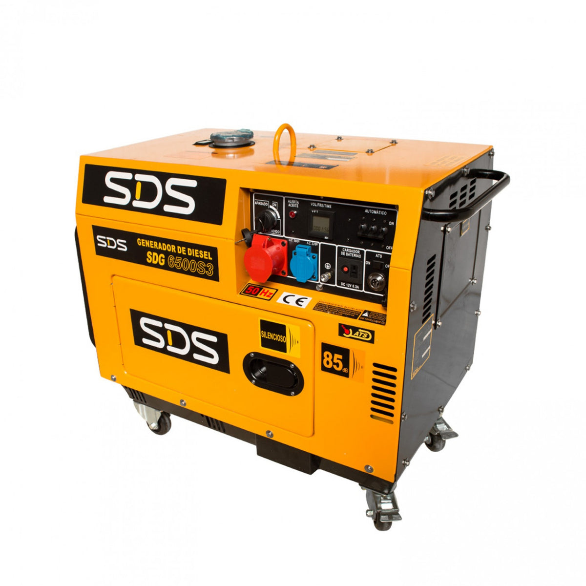 Generador diésel trifásico insonorizado SDS Power SDG6500S3 de 5 kW con gabinete cerrado y ruedas.